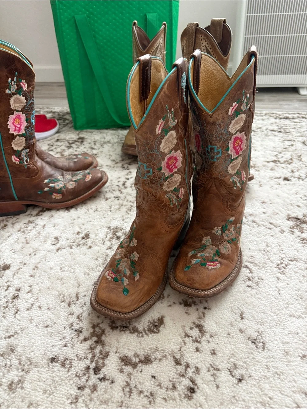 Macie Bean Brown Floral Embroidered Kids Cowboy Boots with Turquoise Trim
